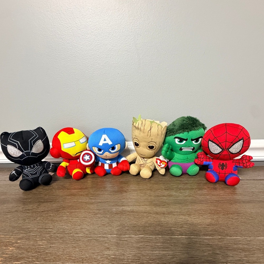 Ty Beanie Babies Marvel Plush Lot 6 Black Panther Iron Man Groot Hulk Spiderman